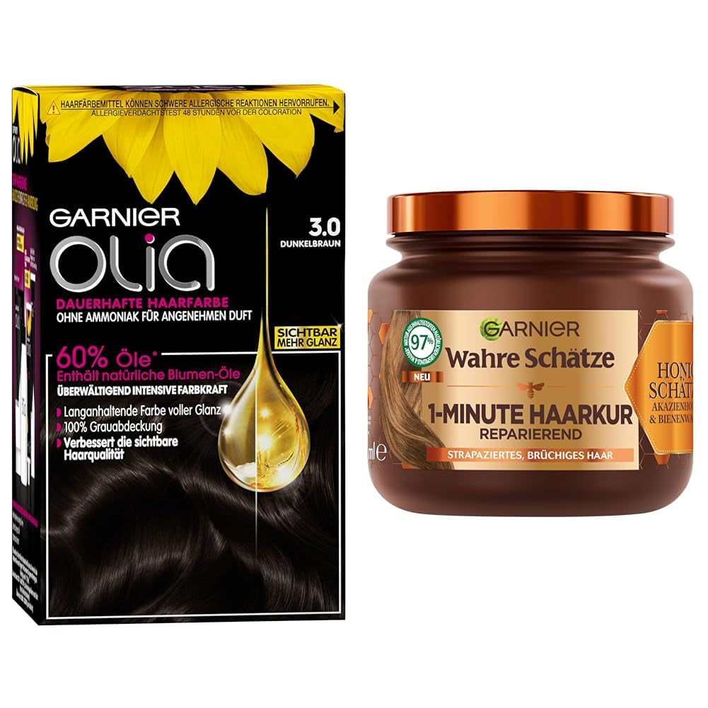 Garnier Color & Care Set: Olia 3.0 Colore permanente per capelli castano scuro + Trattamento riparatore per capelli (340 ml) | Con miele di acacia e cera d'api per lucentezza ed elasticità | Tinture per capelli senza ammoniaca Naty Shop Titolo predefinito