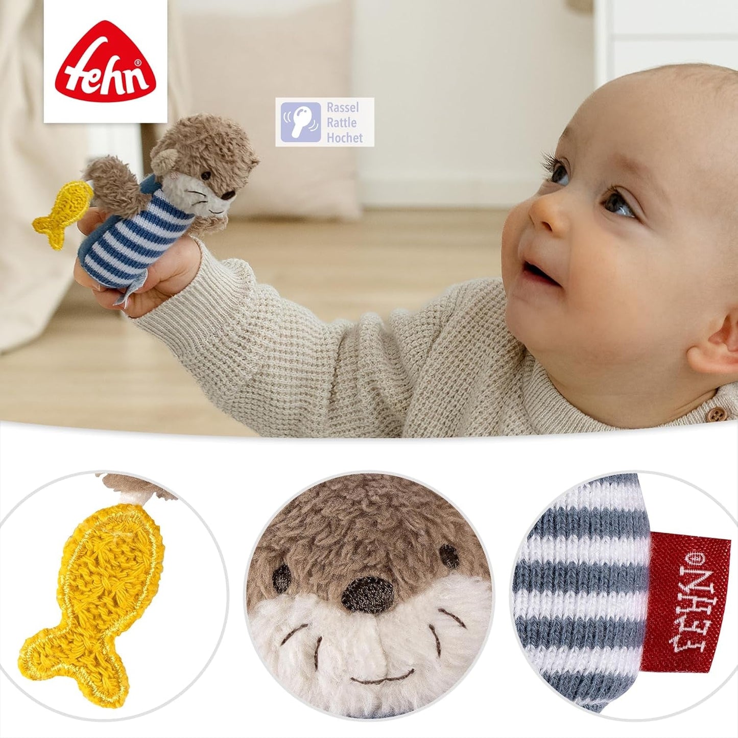 Mini lontra a sonagli Fehn - mini giocattolo da afferrare per scuotere, palpare e giocare con un animale di stoffa morbido e tenero - un compagno fedele per neonati e bambini piccoli da 0 mesi in su Baby Toys Naty Shop