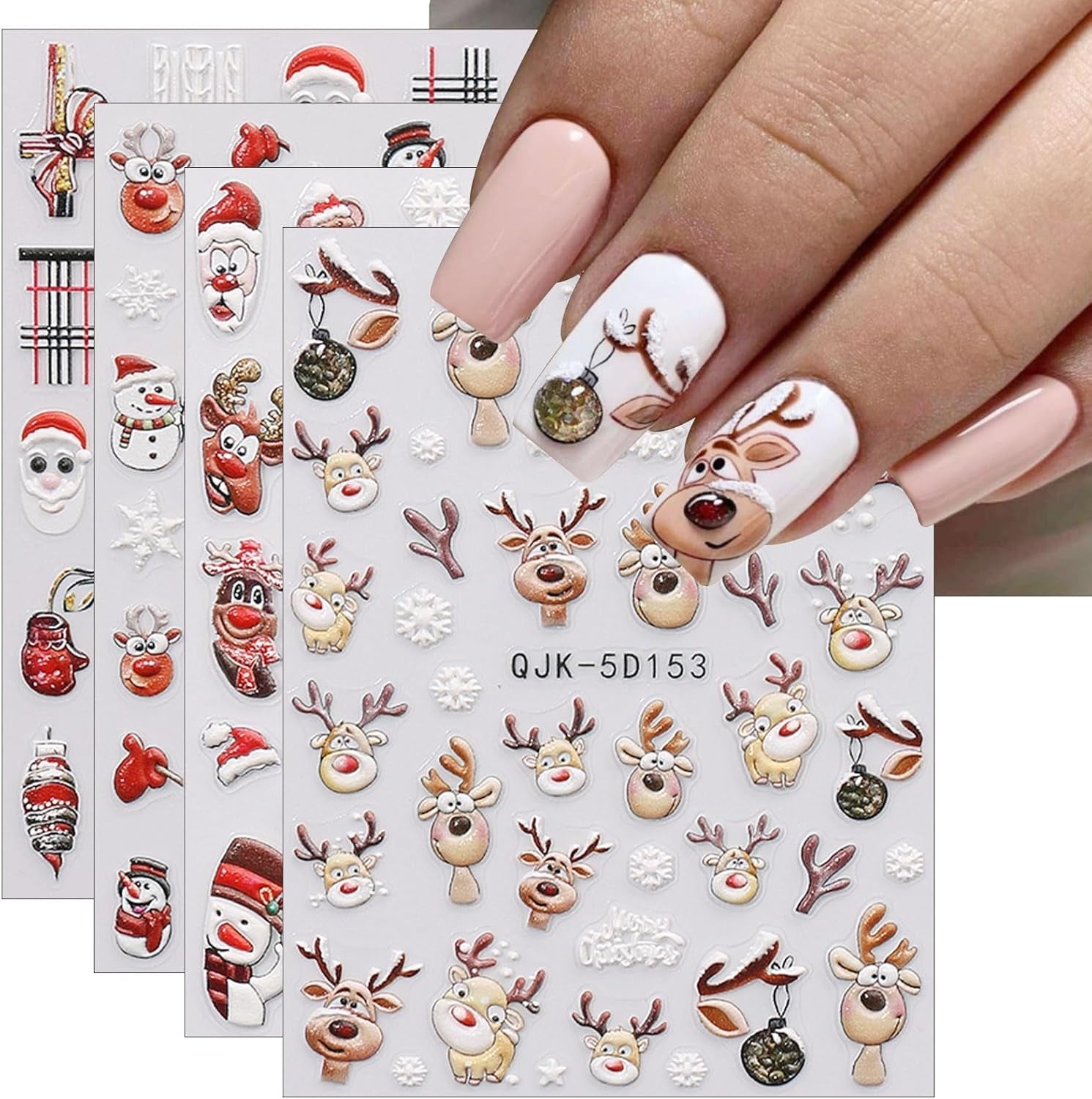 JMEOWIO 3D Nagelsticker Weihnachten Nail Art Sticker Selbstklebend Nagelaufkleber 5D Stereoscopic Schneeflocke Xmas Winterurlaub Niedlich Dekoration Nageldesign Zubehör 4 Blatt