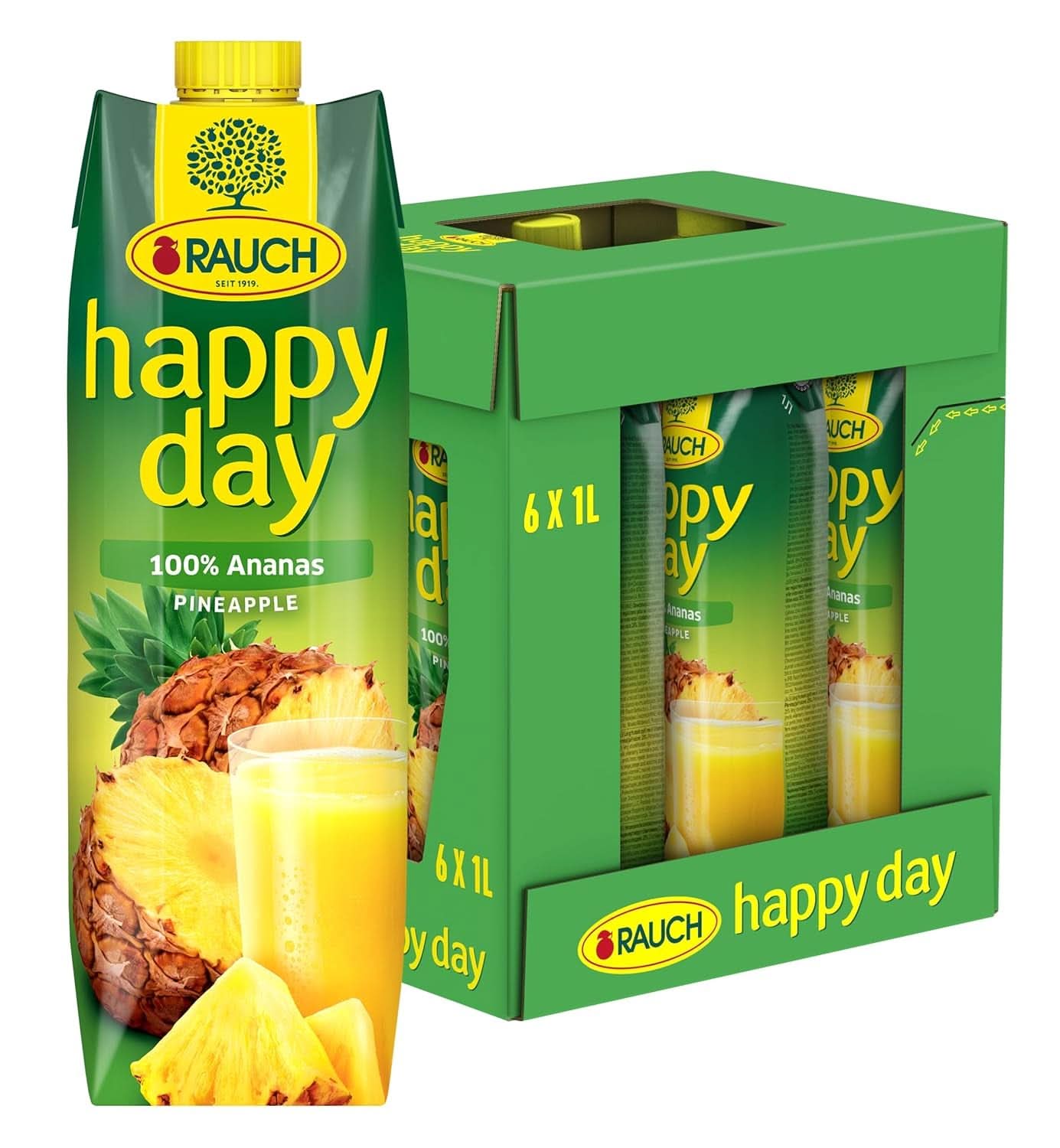Rauch Happy Day Ananas | Esplosione di sapori tropicali | A base di succo d'ananas concentrato al 100% | 6 x 1 litro, Tetra Prisma Bevande analcoliche Naty Shop