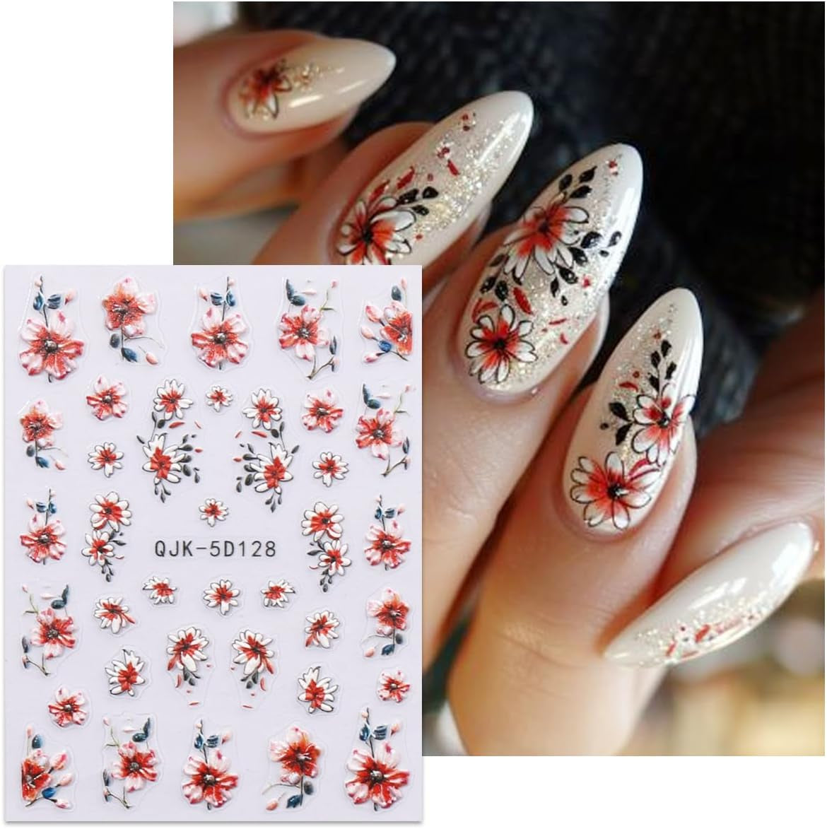 JMEOWIO 3D Nagelsticker Blumen Nail Art Sticker Selbstklebend Nagelaufkleber 5D Stereoscopico Frühling Sommer Dekoration Nageldesign Zubehör 4 Blatt