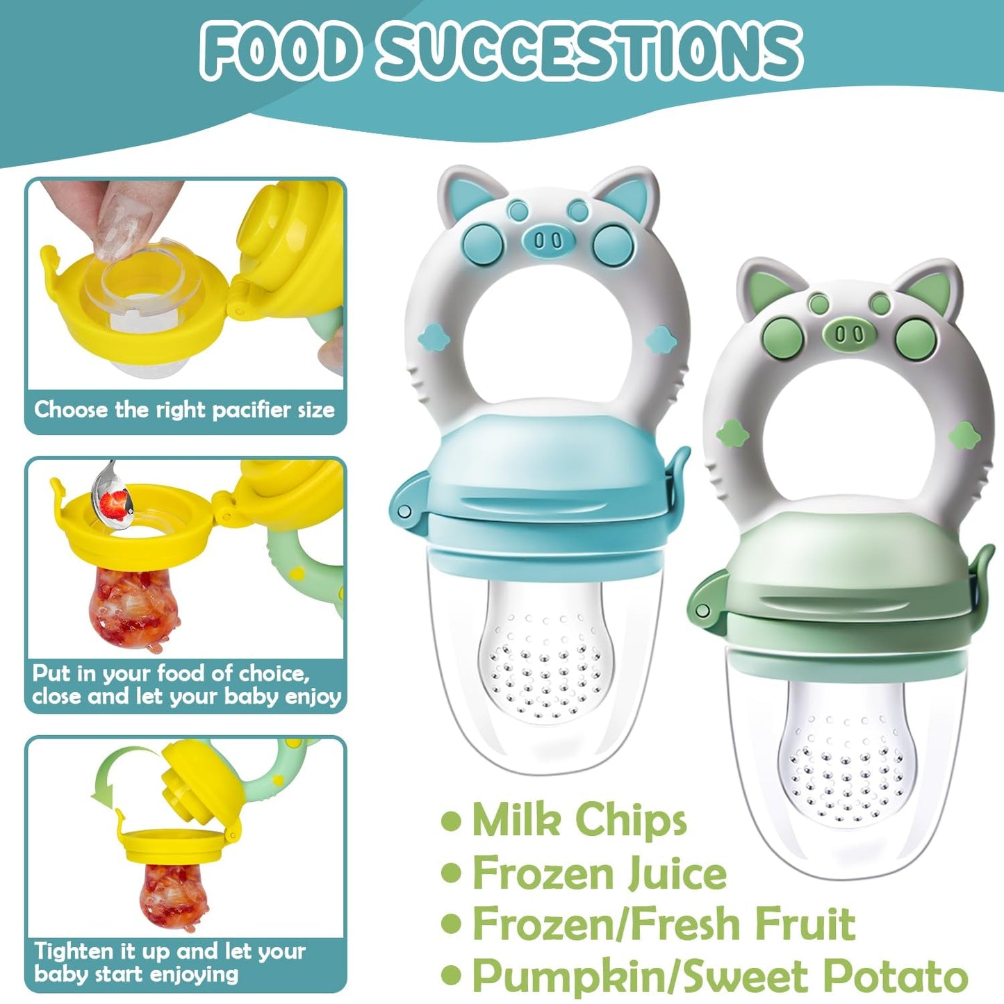 Ciucci alla frutta per bambini, confezione da 2 ciucci alla frutta per bambini dai 3 mesi in su versione aggiornata 2023, ciucci riempibili, ciucci per porridge, ciucci alla frutta per bambini, senza BPA, 8 tettarelle in silicone in 3 misure