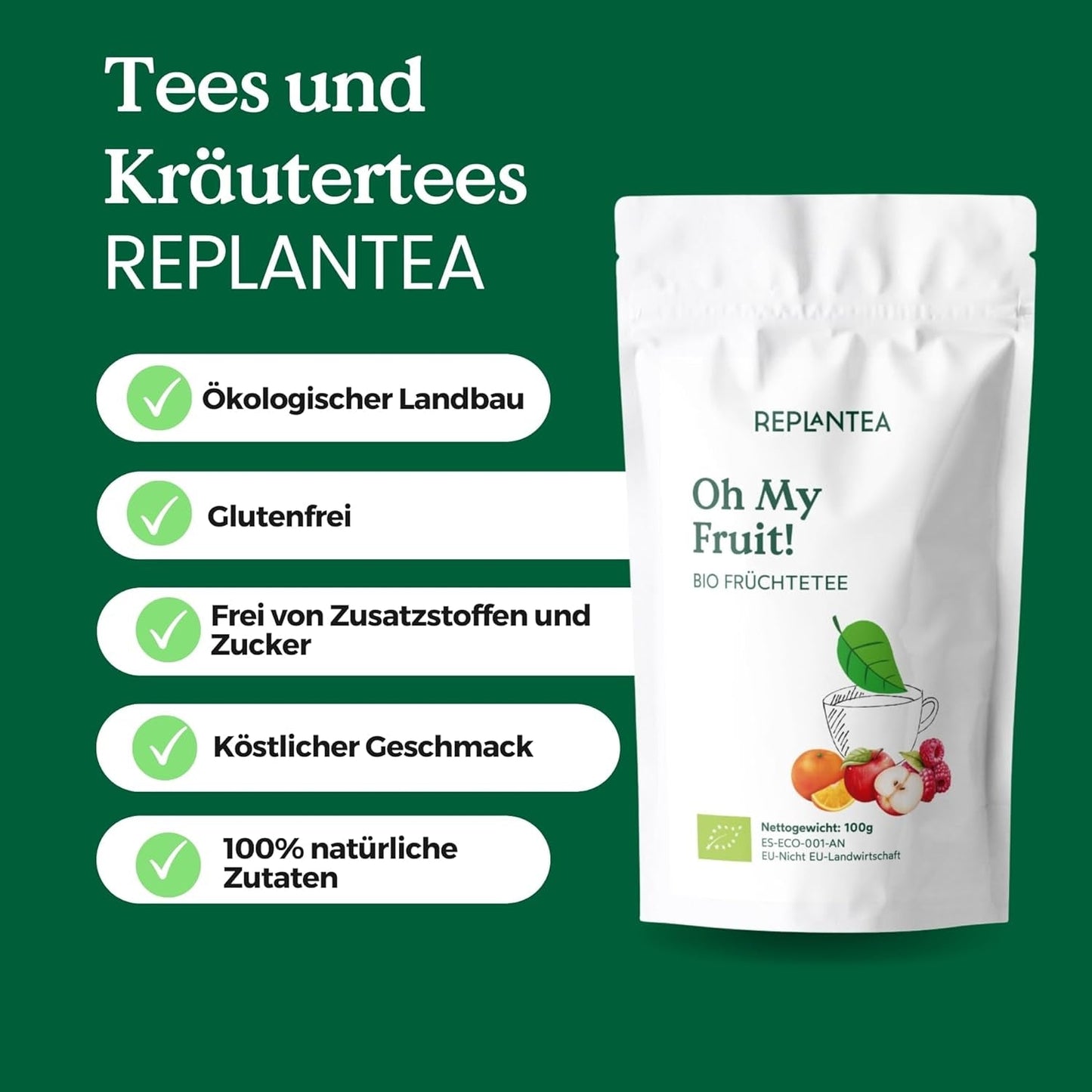 Oh My Fruit Tè alla frutta BIO 100 g (50 tazze) | Tè sfuso alla frutta con mele, ibisco, lamponi, arance e foglie di stevia REPLANTEA