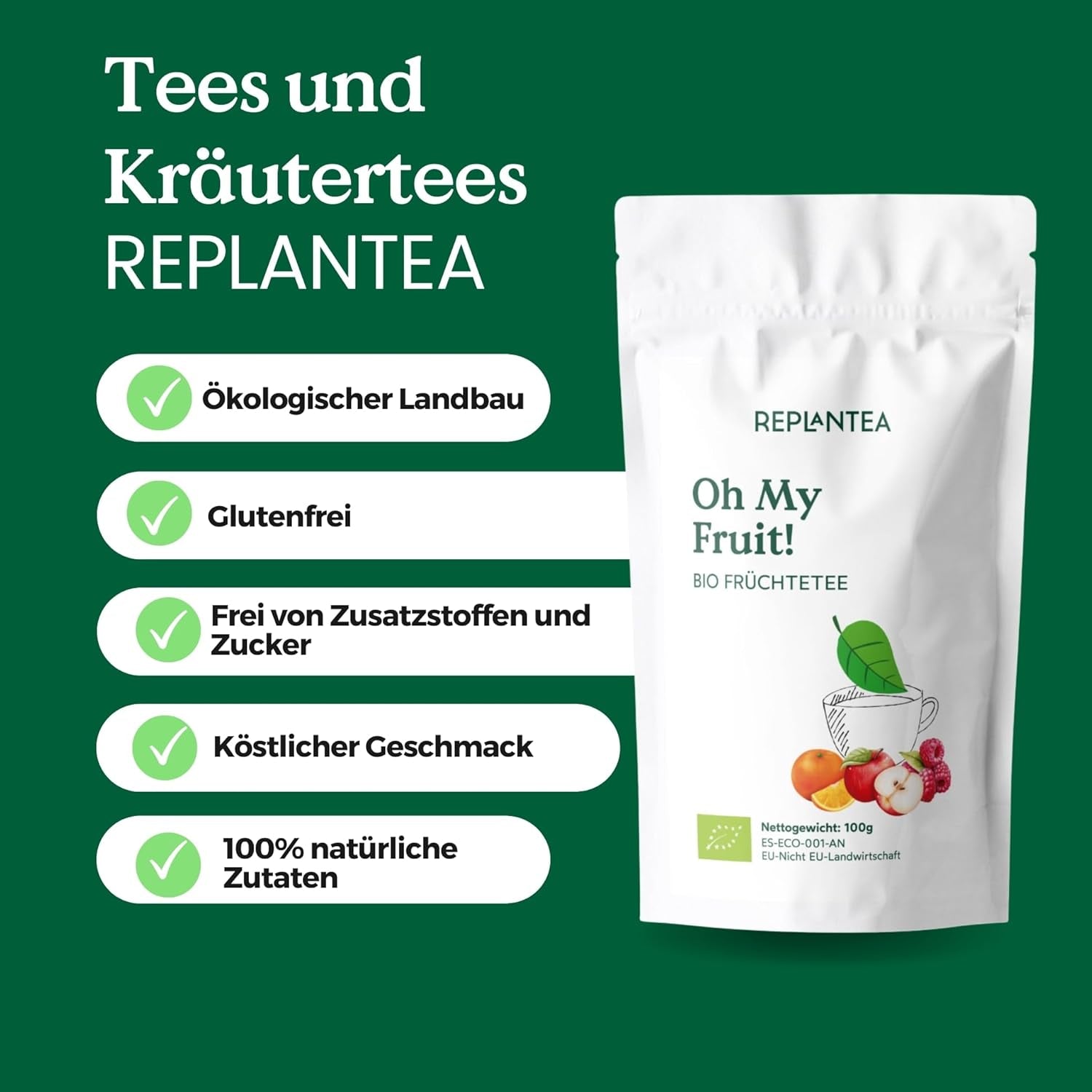 Oh My Fruit Tè alla frutta BIO 100 g (50 tazze) | Tè sfuso alla frutta con mele, ibisco, lamponi, arance e foglie di stevia REPLANTEA