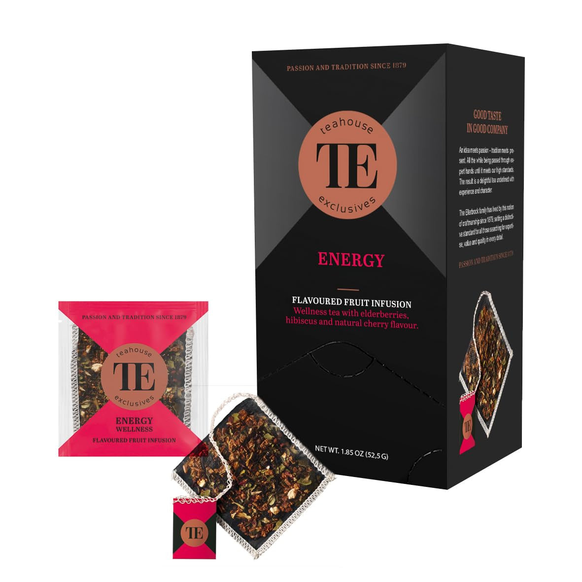 Teahouse Exclusives Luxury Tea Bag Energie, 15 bustine - Tè benessere con sambuco, ibisco e aroma naturale di ciliegia