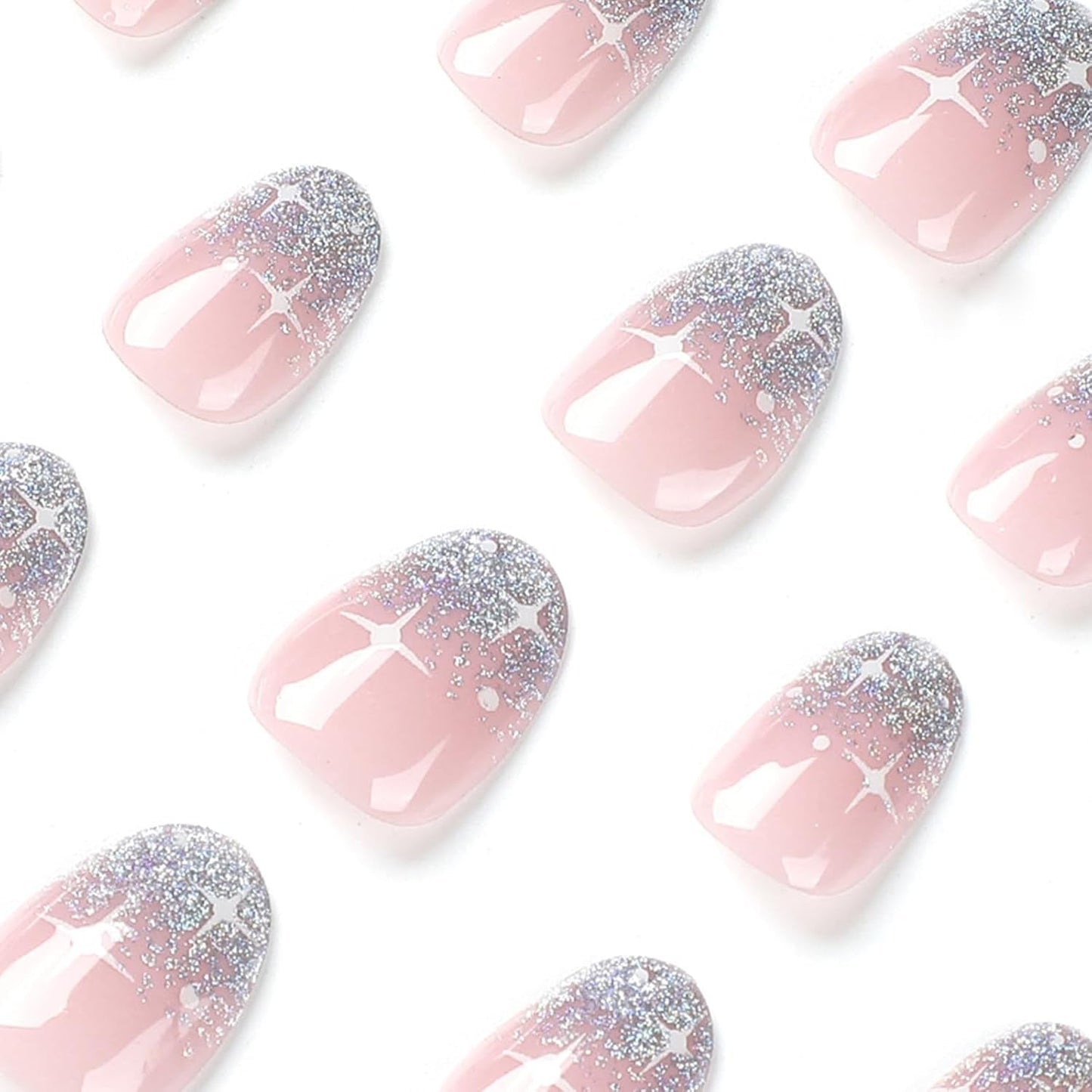 24 pezzi French Press On Nails Breve design argento lucido Unghie artificiali ovali Colla su unghie lucide acriliche Unghie finte per donne ragazze