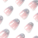 24 pezzi French Press On Nails Breve design argento lucido Unghie artificiali ovali Colla su unghie lucide acriliche Unghie finte per donne ragazze