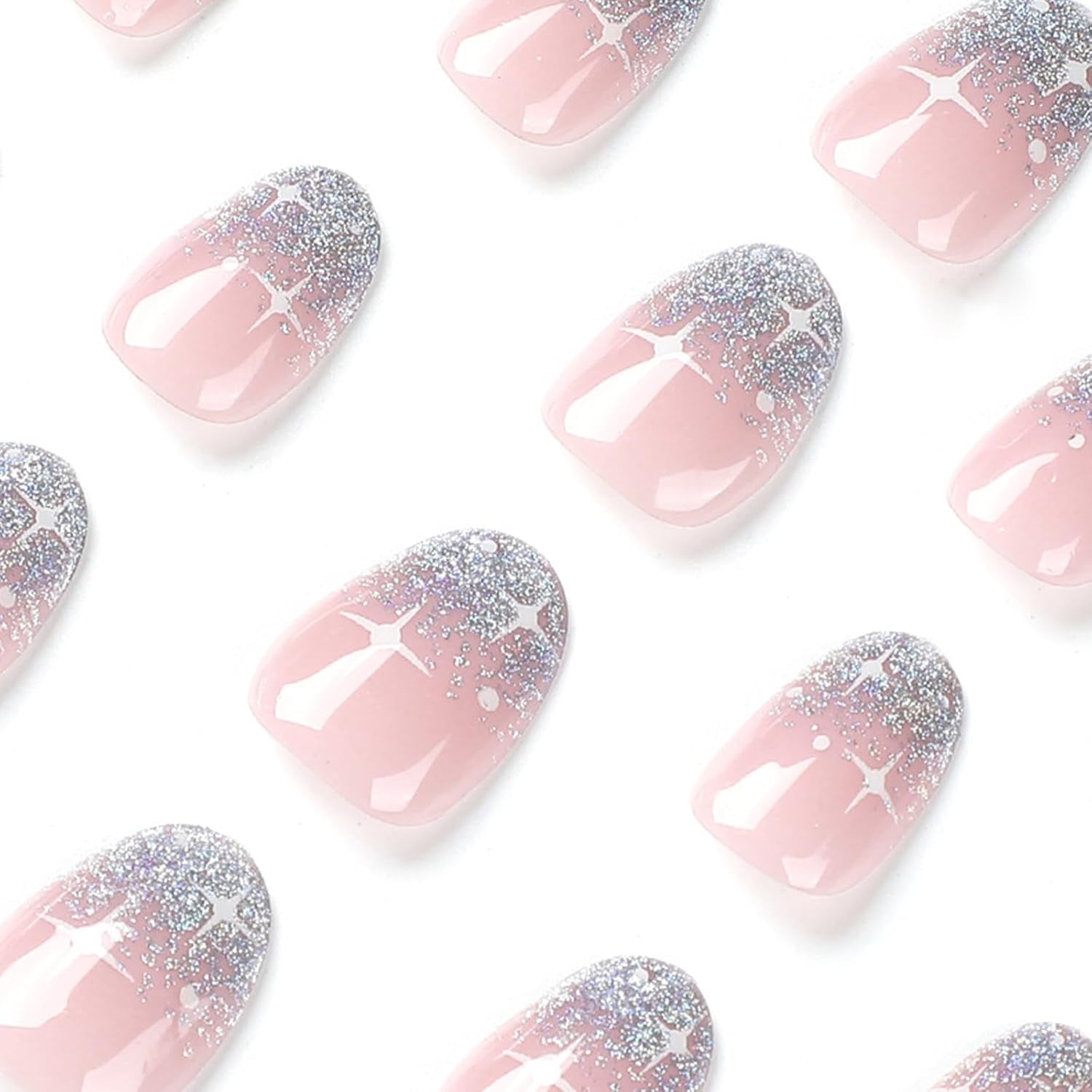 24 pezzi French Press On Nails Breve design argento lucido Unghie artificiali ovali Colla su unghie lucide acriliche Unghie finte per donne ragazze