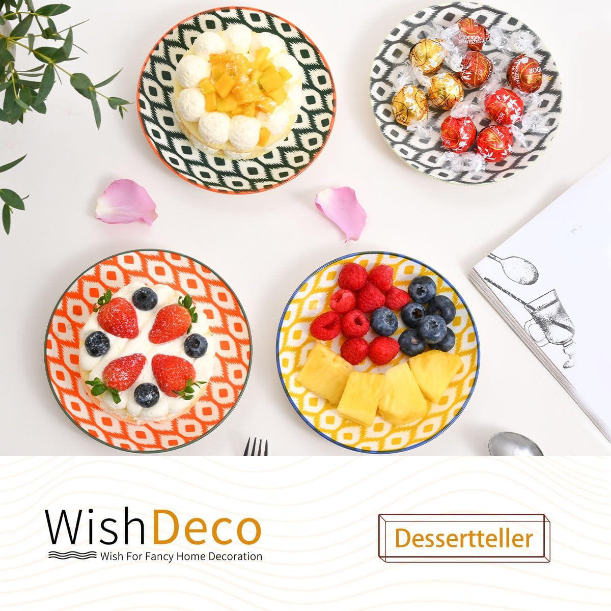 Piatti per torta, set da 6; piattini da dessert (15 cm); Piatti da insalata in porcellana; piatti colorati per la colazione; mini piatti per pasta, frutta, pane