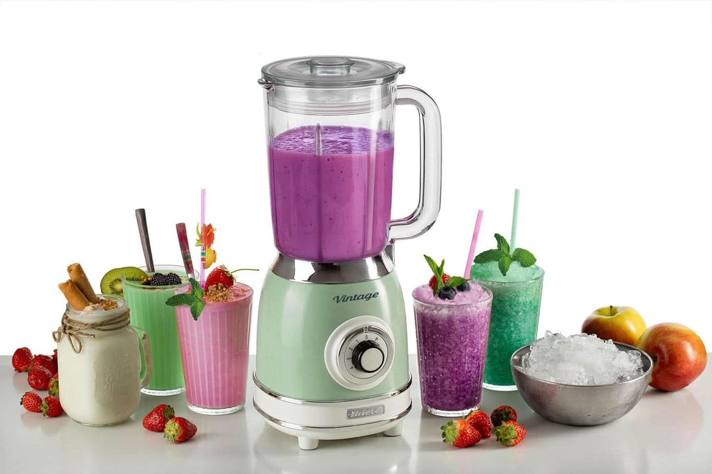 Ariete Vintage 583 Mixer in vetro, retrò, miscelatore multifunzione con 4 pentole, 4 maniglie + funzione a impulsi, funzione tritaghiaccio, alimentatore da 1,5 litri, 1000 W, verde Kitchen Naty Shop