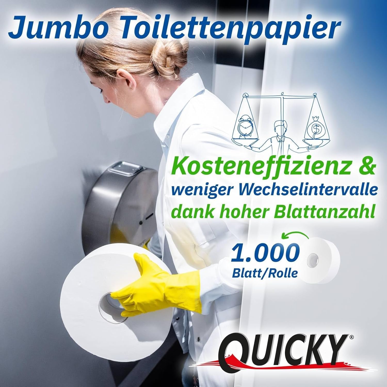 Carta Igienica Quicky Jumbo 2 Veli, Ø 25 cm, Bianco Brillante, Goffrata Puntini Fini, 6 Rotoli - assorbente e antistrappo per la massima igiene, ideale per enti pubblici e industria