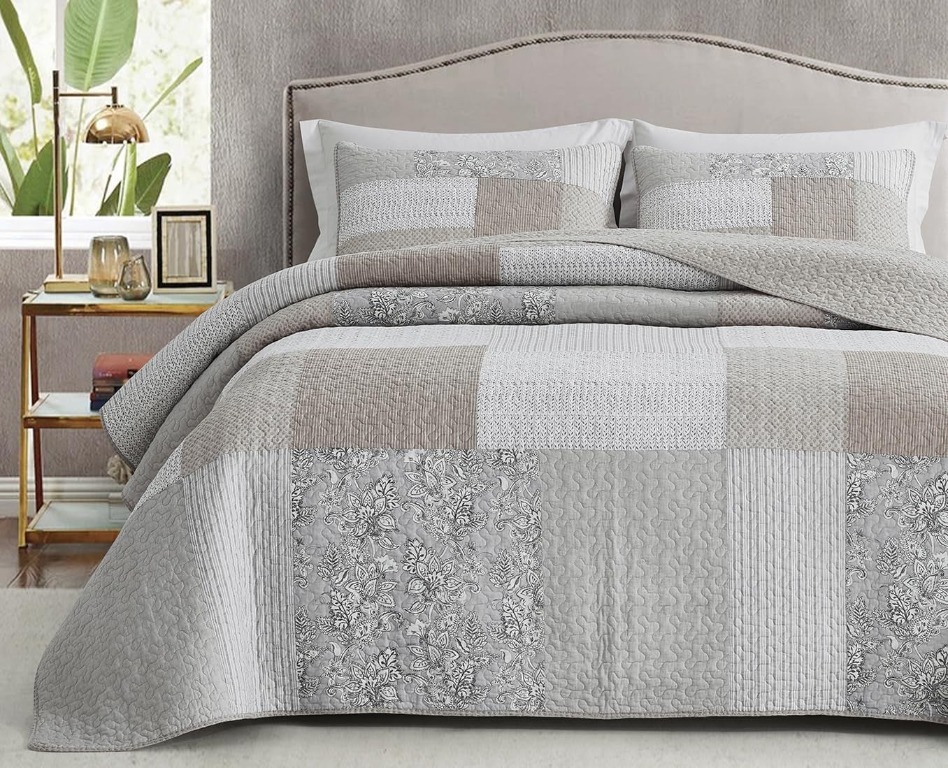 Collezione Chezmoi Addy Set trapunta patchwork Cotone prelavato Leggero Reversibile Per tutte le stagioni Oversize 3 pezzi Blu marino Bianco Grigio Talpa Trapunte e trapunte scozzesi Naty Shop Hibiscus Patchwork Talpa Queen