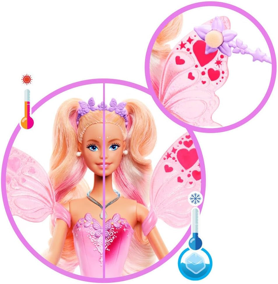 Mattel Barbie Doll con bacchetta magica e accessori moda, tema fantasy con ali e vestito che cambia colore, JCP76, [Multicolore]