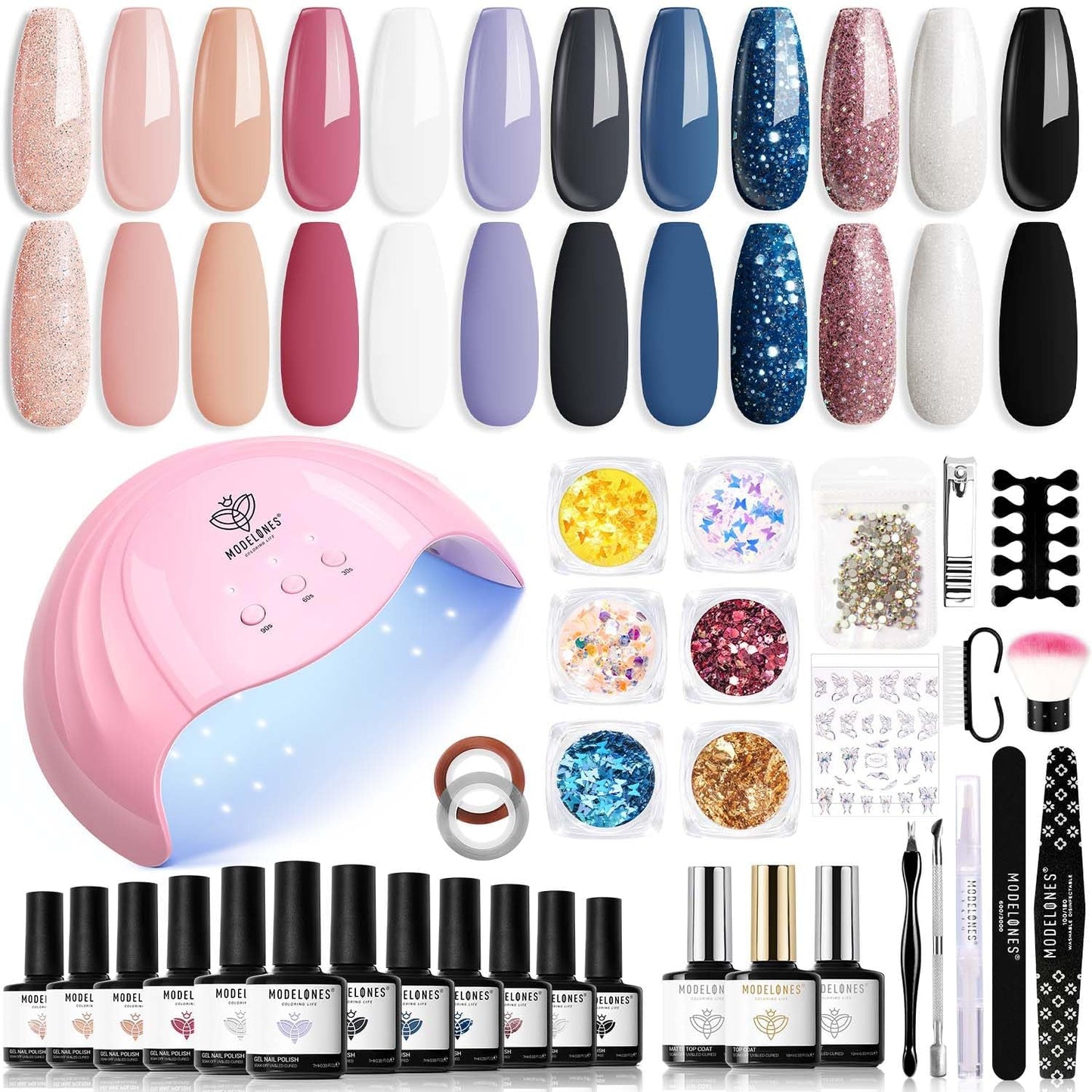 Modelones Set Smalti Gel per Unghie 35 Pezzi, Set Smalti Gel UV con Lampada da 48 W, Set Smalti Gel per Unghie Nude Marrone Bianco Rosa, Set Smalti Gel UV con Base Top Coat Set per Unghie
