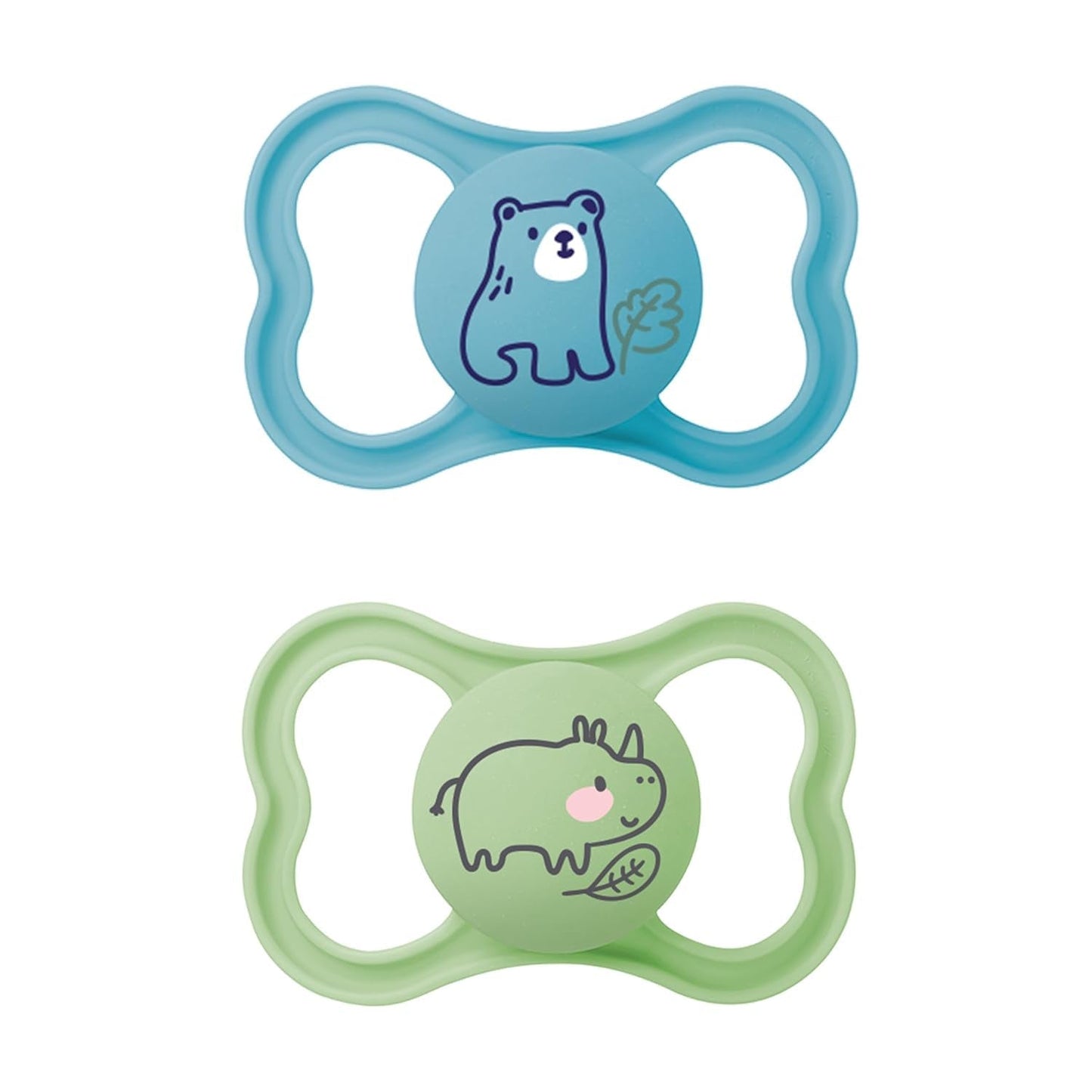 Succhietti in silicone MAM Air, confezione da 2, design extra leggero e arioso, succhietto per bambini adatto ai denti, in silicone speciale MAM SkinSoft con scatola per ciuccio, 6-16 mesi, orsetto/rinoceronte