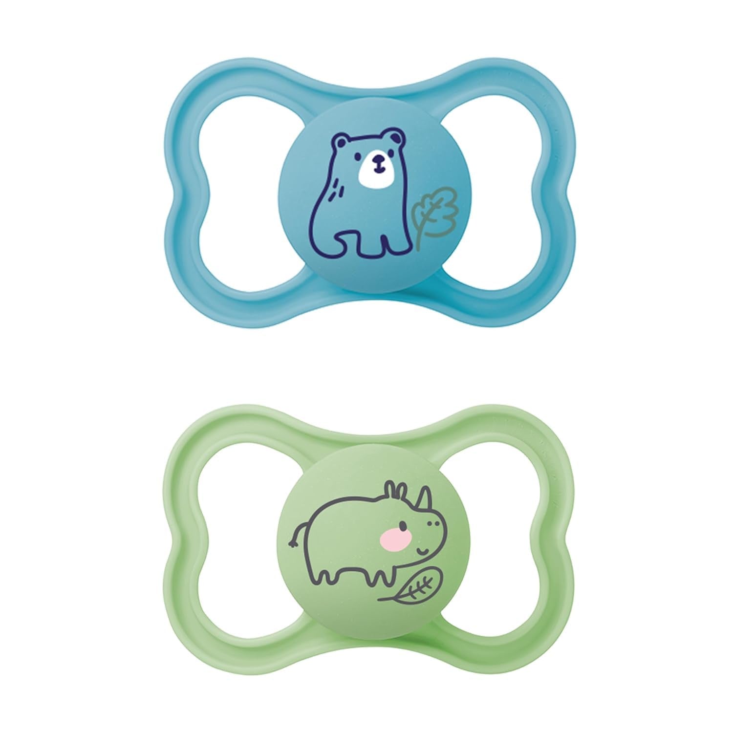 Succhietti in silicone MAM Air, confezione da 2, design extra leggero e arioso, succhietto per bambini adatto ai denti, in silicone speciale MAM SkinSoft con scatola per ciuccio, 6-16 mesi, orsetto/rinoceronte