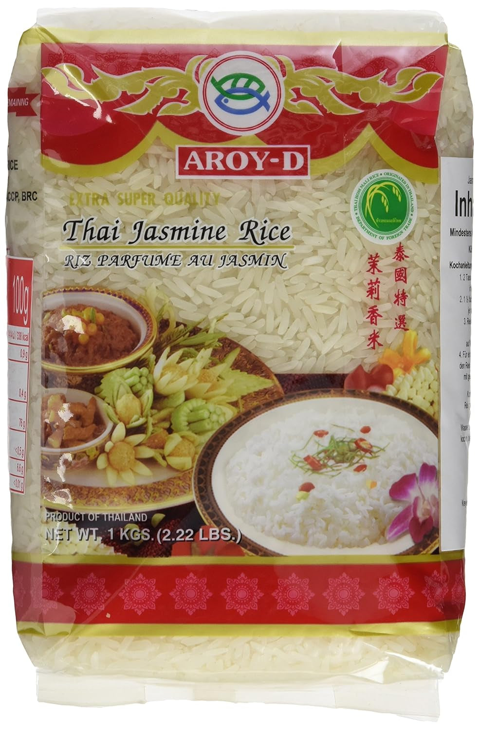 Riso profumato Aroy-D, riso a grani lunghi 100%, 1 confezione (1 x 5 kg)