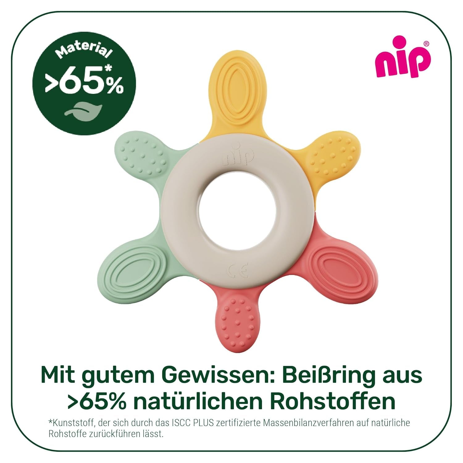 nip – Anello da dentizione | Anello da dentizione sostenibile per bambini a partire da 3 mesi, realizzato con oltre il 65% di materie prime naturali. Per un massaggio delicato delle gengive, della lingua e dei denti | Rosso/Verde/Arancione