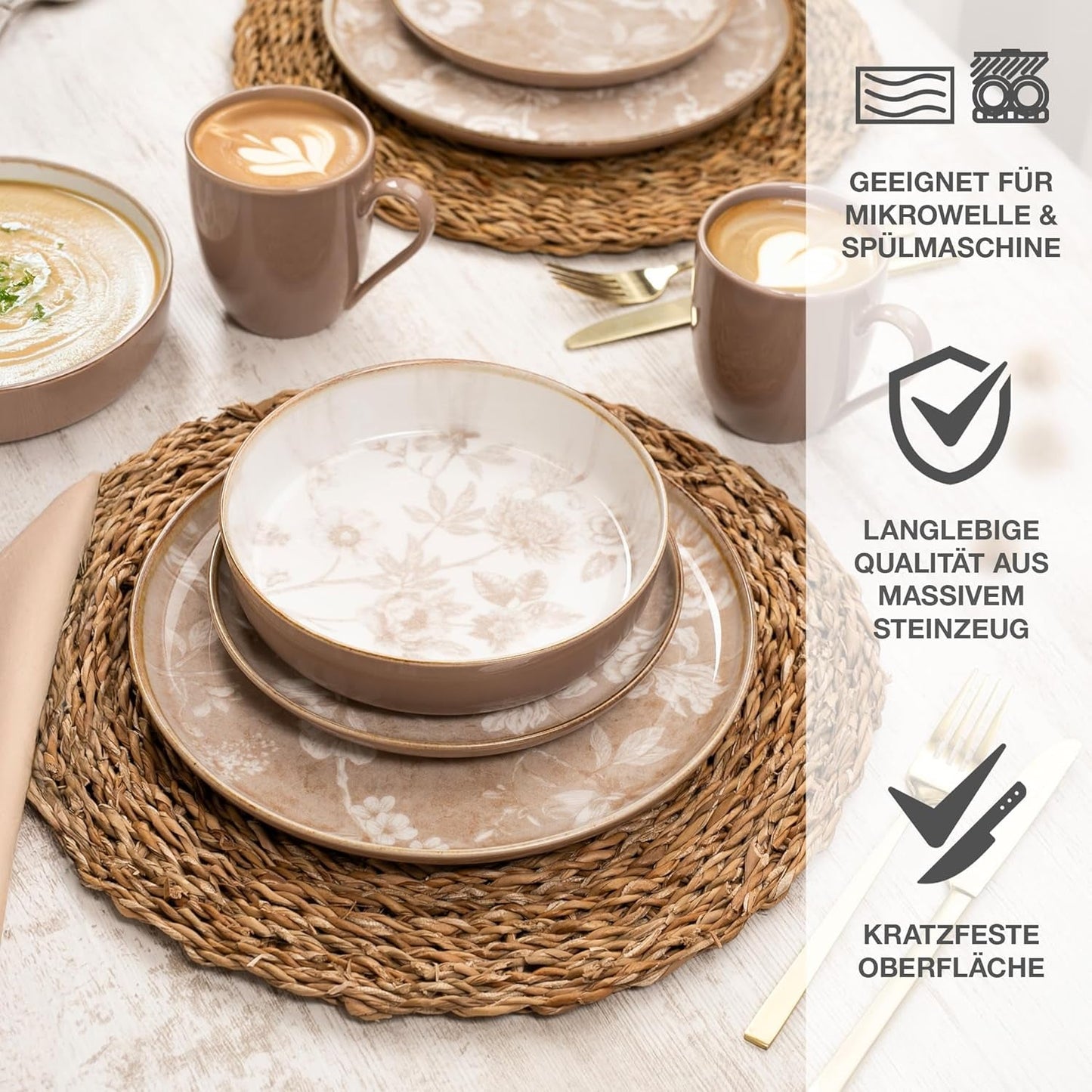 Moritz & Moritz MARIELLA Set di stoviglie in gres da 24 pezzi per 6 persone - Stoviglie moderne beige dal design giocoso, servizio da caffè di facile manutenzione con piatti, ciotole e tazze - Set combinato