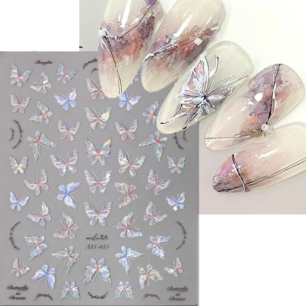Glänzend Aurora Shell Schmetterling Nagelsticker Selbstklebend, Erleichterung Schmetterlinge Nail Sticker Rosa Laser Schmetterling Nagelaufkleber Für Frauen Nageldesign Zubehör Nagel Zubehör Nail Art