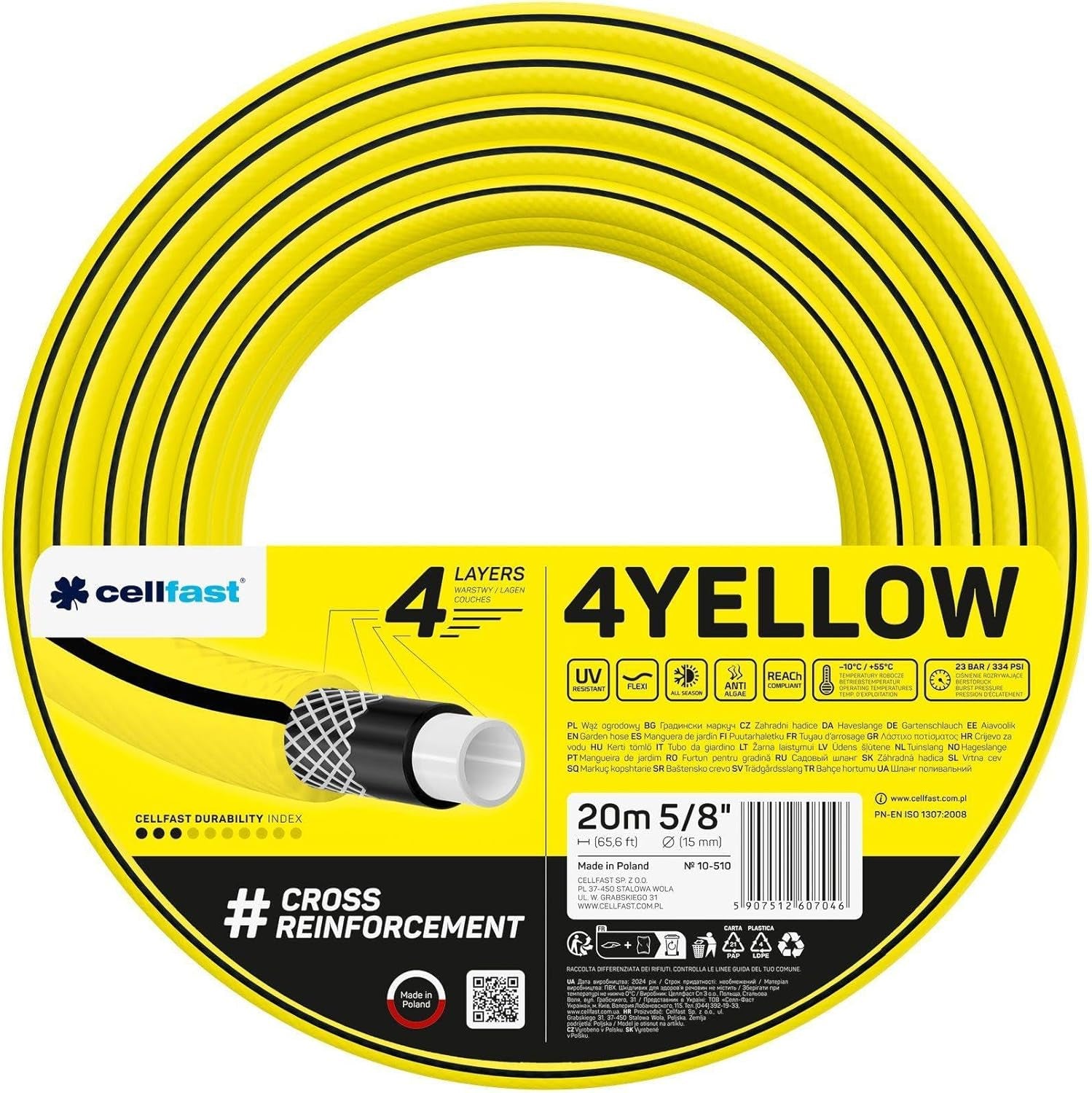 Tubo da giardino Cellfast GIALLO, leggero, durevole, 4 capi, treccia incrociata durevole, resistente ai raggi UV e alle alghe, antitorsione, tecnologia REACH, 20 bar, -10/+50°C, chiusura: Temp. 5/8", 20 metri