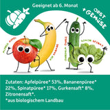 FRECHE FREUNDE busta di frutta spremibile biologica con mele, banane, spinaci e cetrioli, purea di frutta e verdura in busta spremibile per bambini a partire da 6 mesi, vegana, confezione da 6 (6 x 100 g)