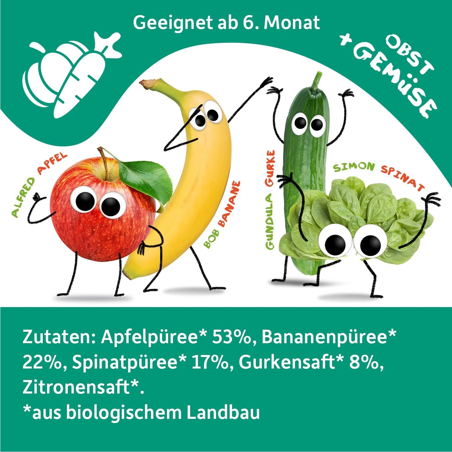 FRECHE FREUNDE busta di frutta spremibile biologica con mele, banane, spinaci e cetrioli, purea di frutta e verdura in busta spremibile per bambini a partire da 6 mesi, vegana, confezione da 6 (6 x 100 g)