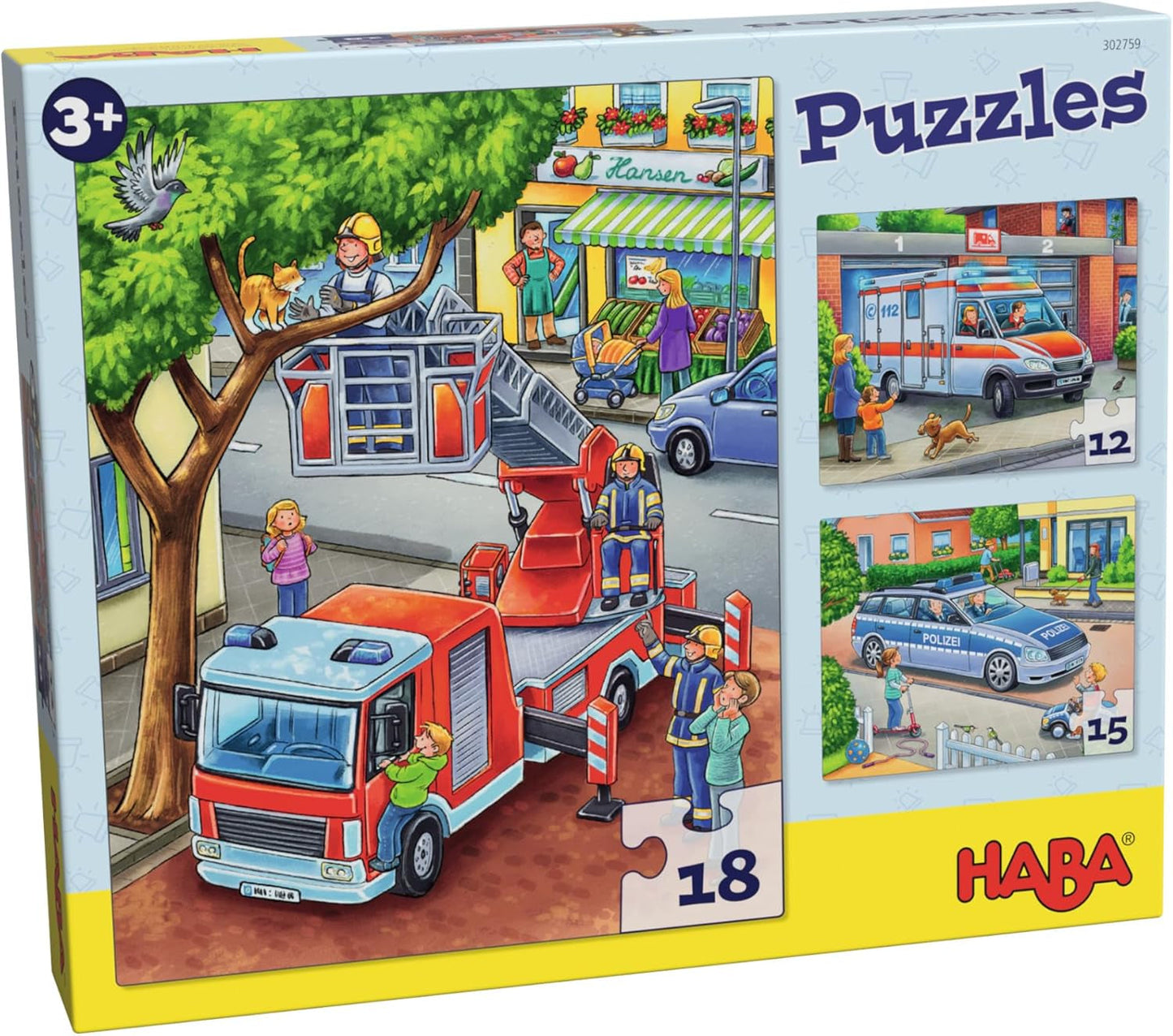 HABA Puzzle Vigili del Fuoco - Set da 3 Pezzi per Bambini dai 3 Anni in su Puzzle in Cartone con Polizia e Ambulanza - Stimola la motricità fine e la concentrazione - 1302759001 Puzzle Naty Shop Titolo predefinito