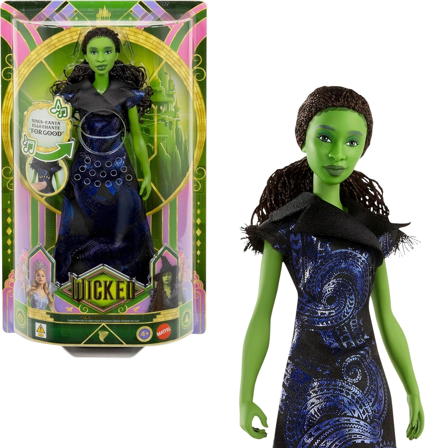 Mattel Wicked: for Good Singing Elphaba Fashion Doll della Universal Pictures con vestito staccabile ispirato al film canta "for Good" in inglese, JFM09