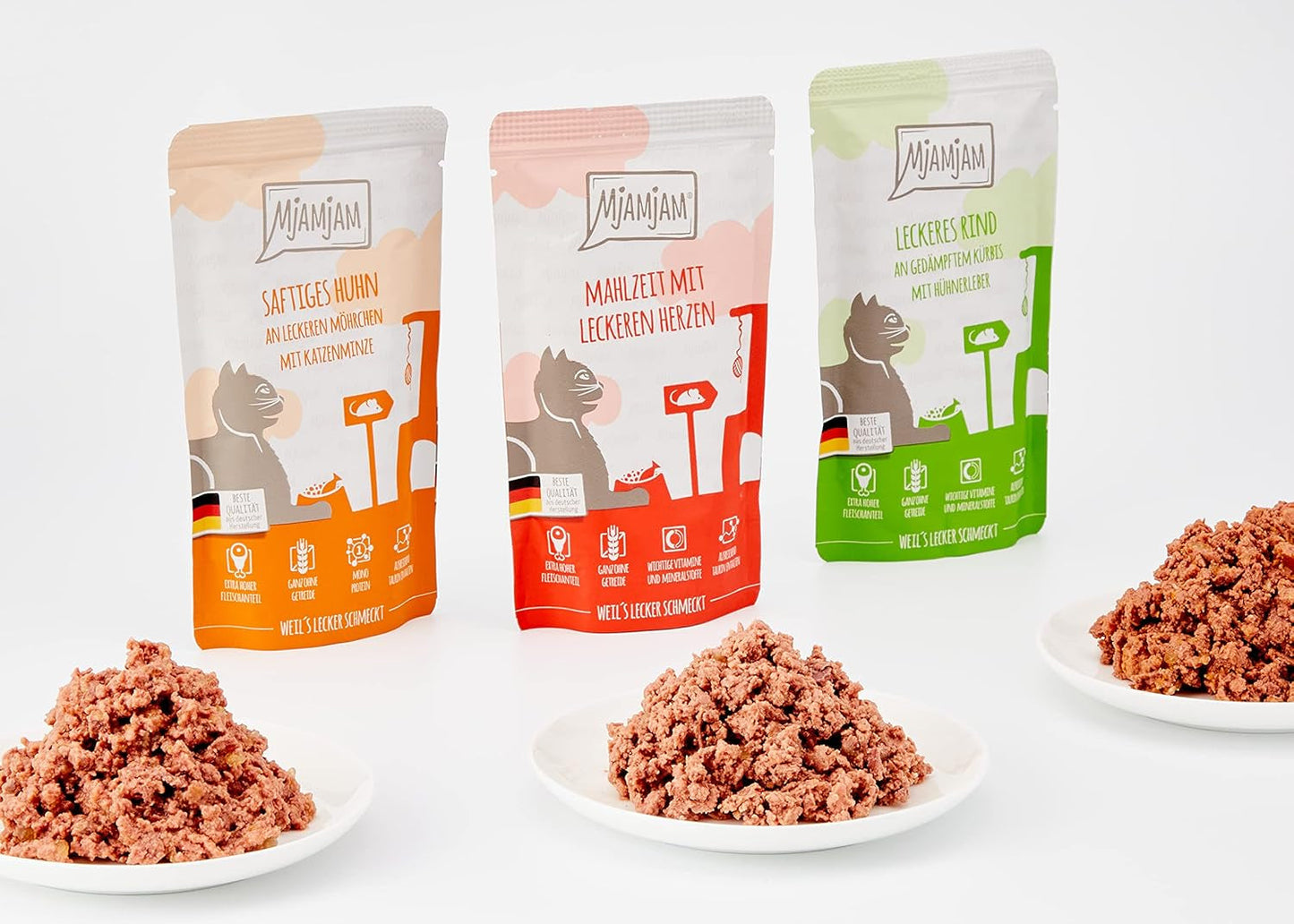 MjAMjAM - Cibo umido premium per gatti - Confezione mista I - Pollo, manzo, cuori Confezione da 12 (12 x 125 g), senza cereali con carne extra