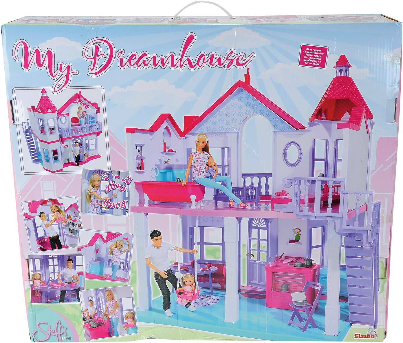 Simba 104661996 - Steffi Love Dreamhouse, grande casetta da gioco, 4 stanze, SENZA BURATTINI, altezza 84 cm, due livelli, campanello funzionale, casa delle bambole pieghevole Naty Shop