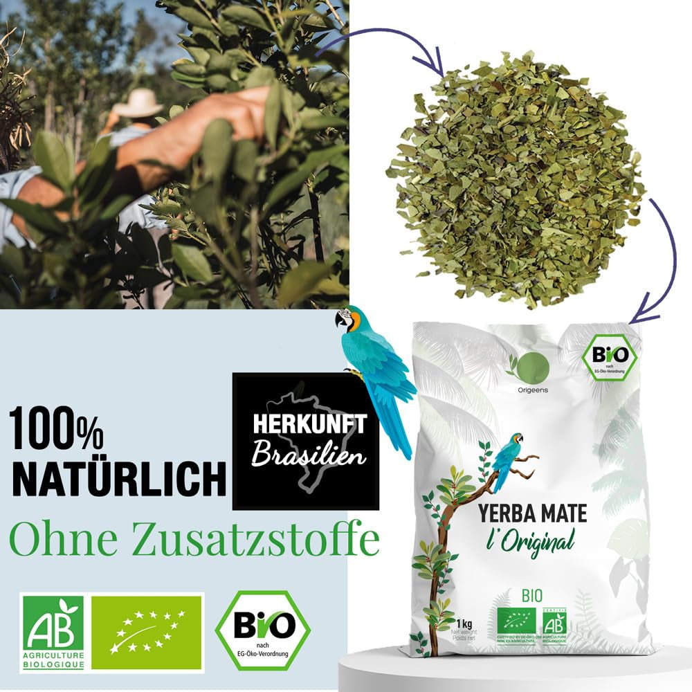ORIGEENS BIO YERBA MATE TEA 1 KG - L'Originale I Non tostato, foglie, senza gambi, polvere e briciole I Bevanda energizzante e disintossicante