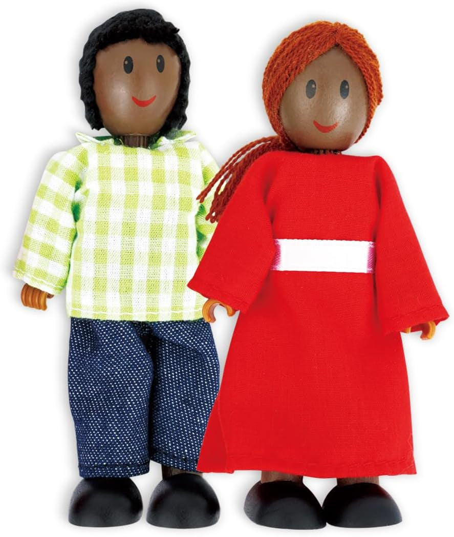 Hape Doll Family - Set di 6 accessori per casa delle bambole in pelle scura con figure in legno e tessuto, gioco di finzione, giocattolo educativo, giocattolo interattivo per bambini dai 3 anni in su