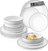 SANGER | Set di stoviglie Marlo Black and White Edge, set di stoviglie in porcellana da 18 pezzi per 6, bianco con accenti neri, piatti piani, piatti da dessert e ciotole, design moderno | LA COLLEZIONE PREMIUM