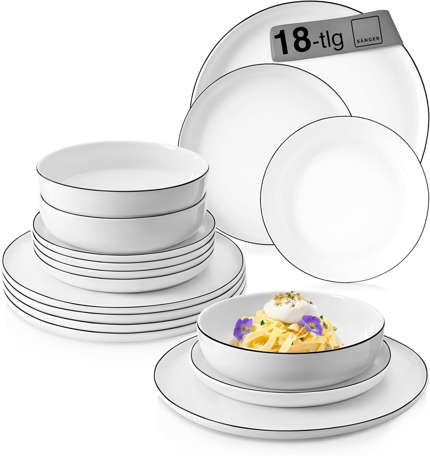 SANGER | Set di stoviglie Marlo Black and White Edge, set di stoviglie in porcellana da 18 pezzi per 6, bianco con accenti neri, piatti piani, piatti da dessert e ciotole, design moderno | LA COLLEZIONE PREMIUM