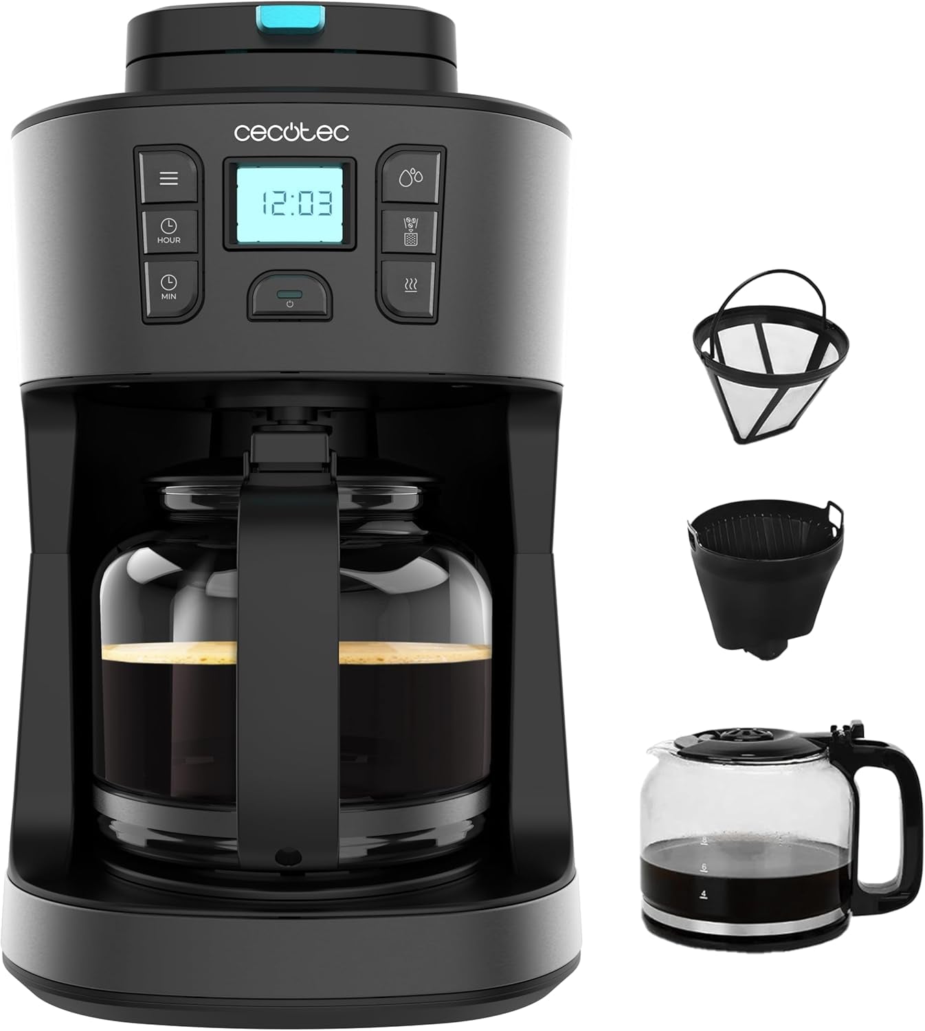 Cecotec Coffee 66 Grind & Drop Caffettiera a goccia essenziale. 1086 W, macinacaffè a lame, fino a 12 tazze, tecnologia Extreme Aroma, digitale, acciaio inossidabile, spegnimento automatico.