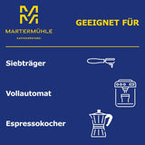 Chicchi di caffè espresso Martermühle Cioccolato 500g Forte | Arabica/Robusta | Gusti: Noci di macadamia, cioccolato al latte | Chicchi di caffè espresso interi tostati leggermente, bassa acidità