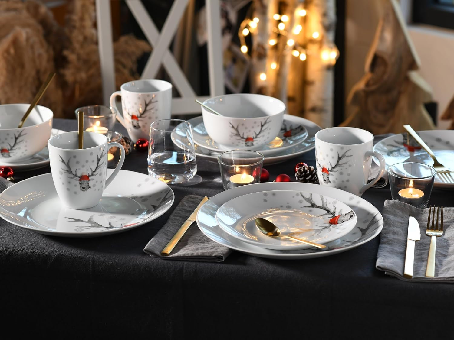 CreaTable, 21498, serie Luna Hirsch, set di stoviglie da 18 pezzi per 6 persone, set da colazione in porcellana, lavabile in lavastoviglie e adatto al microonde, produzione di qualità