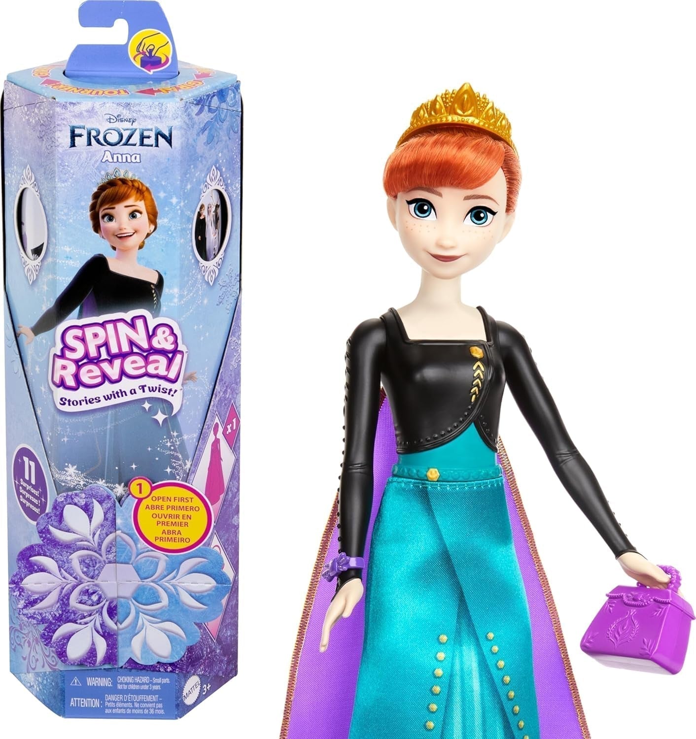Mattel Disney The Ice Queen Anna Fashion Doll Set, Spin & Reveal con 11 sorprese, inclusi 5 accessori, 5 adesivi e una scena di gioco, ispirata al film Disney, HXD27 Naty Shop Dolls Titolo predefinito