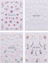 JMEOWIO 3D Nagelsticker Blumen Nail Art Sticker Selbstklebend Nagelaufkleber 5D Stereoscopico Frühling Sommer Dekoration Nageldesign Zubehör 4 Blatt