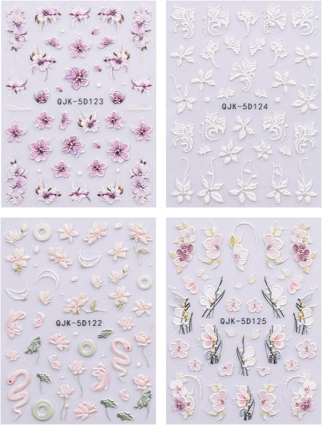 JMEOWIO 3D Nagelsticker Blumen Nail Art Sticker Selbstklebend Nagelaufkleber 5D Stereoscopico Frühling Sommer Dekoration Nageldesign Zubehör 4 Blatt