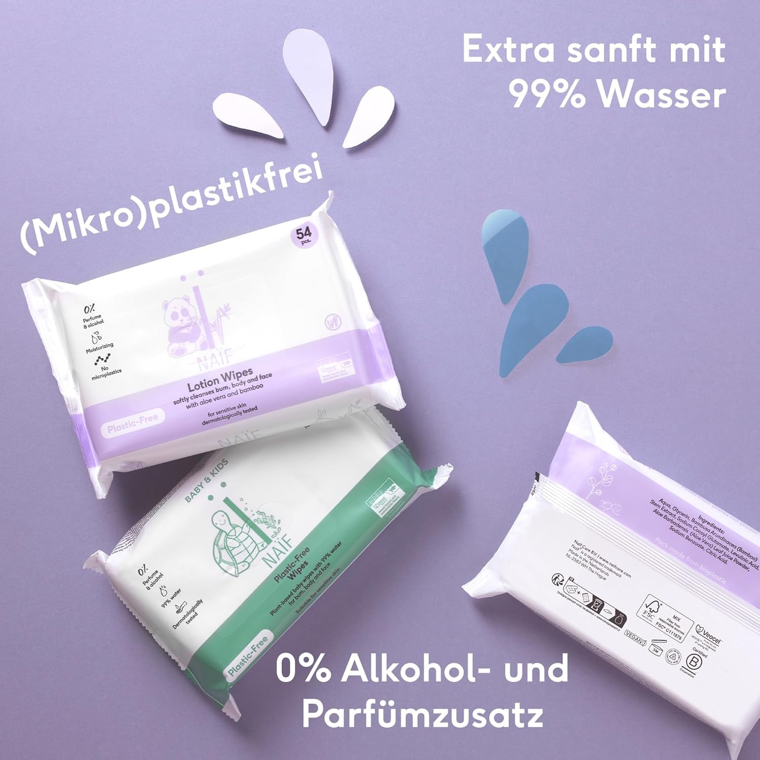 Naïf - Salviette umidificate senza plastica - 1296 pezzi (24 pezzi x 54 salviette umidificate) - Cura del sedere, del corpo e del viso del bambino - 99% acqua - 0% profumo e alcol