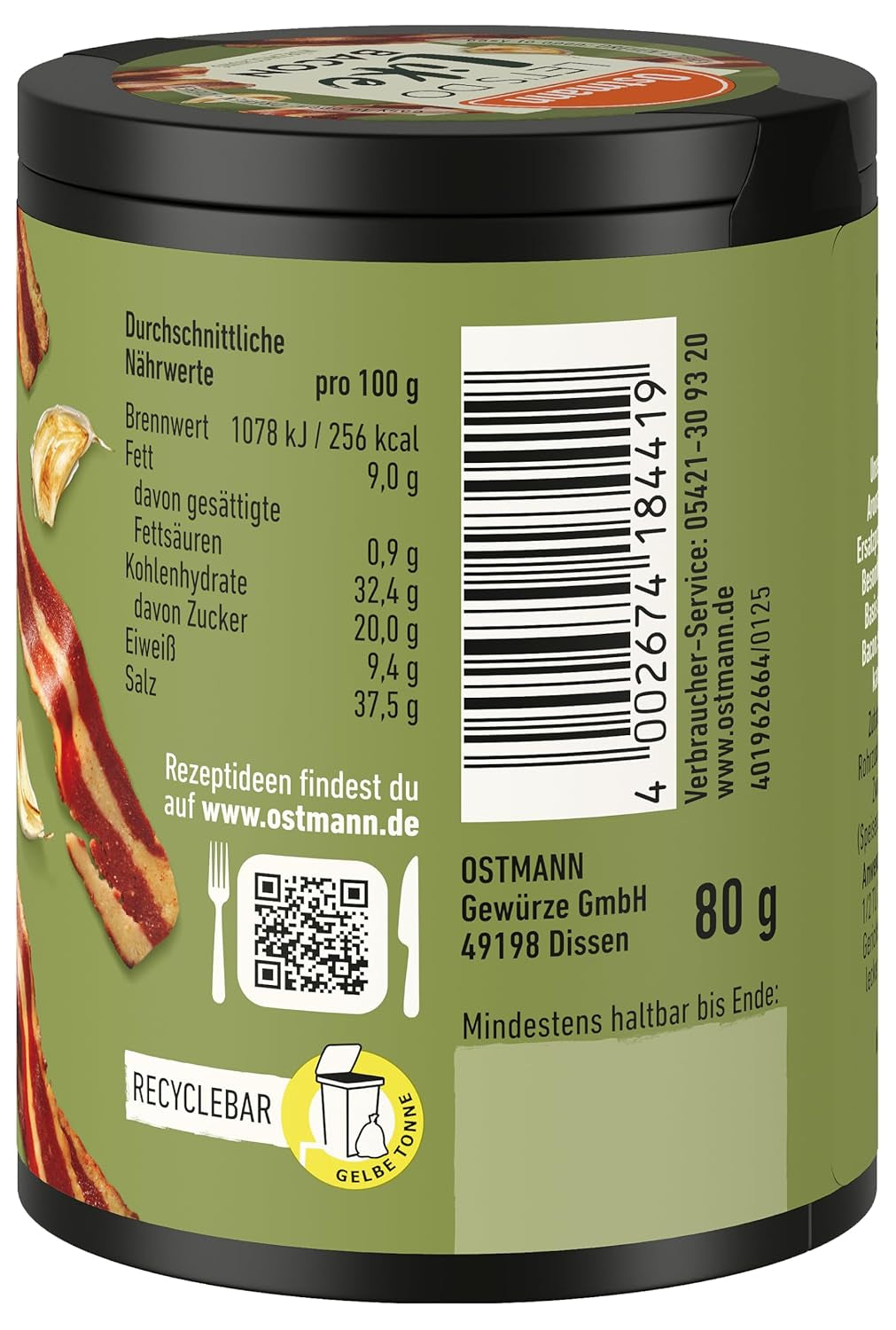 Ostmann Gewürze - Facciamo come Bacon | Bacon-Geschmack für ungewürzte Fleischersatzprodukte | Gewürzsalz für Tofu und vegetarian/vegane Eintöpfe | 80 g in barra riciclabile Metalldose