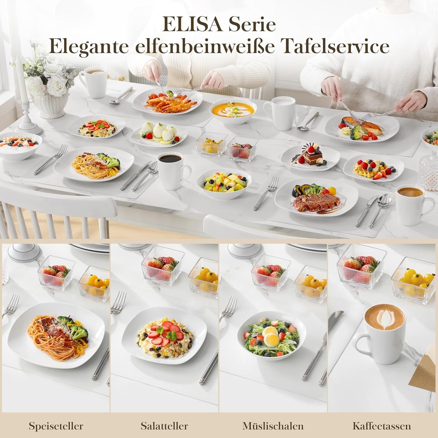 MALACASA Servizio Piatti per 4, Stoviglie Porcellana Bianca 16 Pezzi, Servizio Piatti Moderno con 4 Piatti Piani, Piatti Dessert, Piatti e Tazze Suma, Serie ELISA