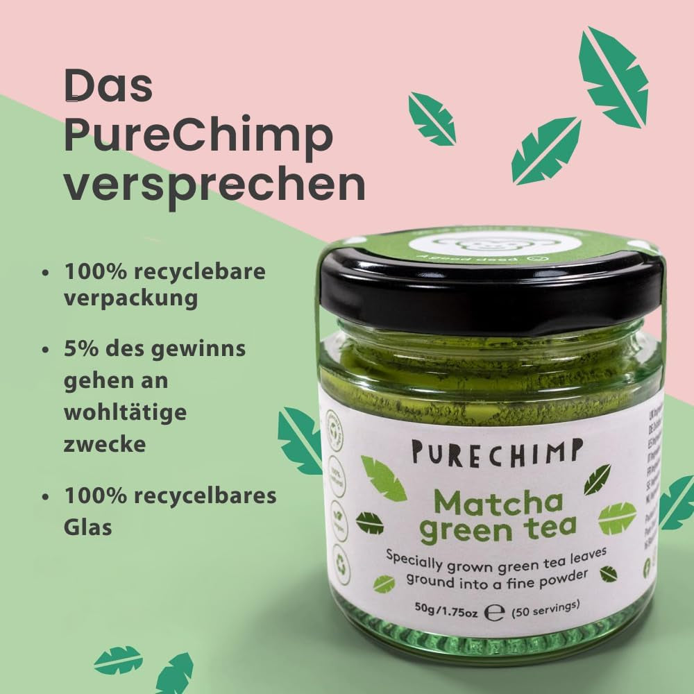 Polvere di matcha di grado cerimoniale Purechimp 50 g. Polvere di tè coltivata all'ombra pura al 100% per latte macchiato, infusi e ricette. Barattolo riciclabile. Ricco di antiossidanti.