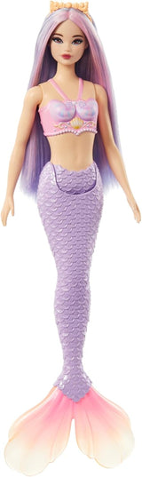 Barbie Sirena con Capelli Decorati Rosa e Lilla e Fascia per Capelli, Top a Conchiglia e Pinna Coda Blu Lavanda, HRR06 Naty Shop Dolls