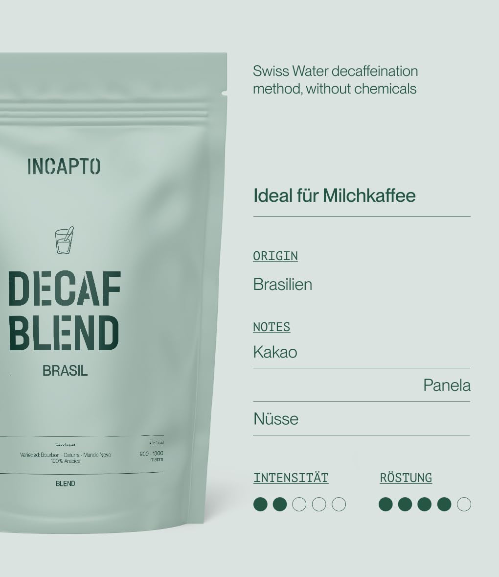 Incapto Ganze Entkofeinierte Kaffeebohnen | Ohne Chemikalien | Mischung aus 100% Arabica-Kaffee aus Brasilien | Ungemahlen Espresso Bohnen | Caffè svizzero decaffeinato all'acqua, confezione da 500 g