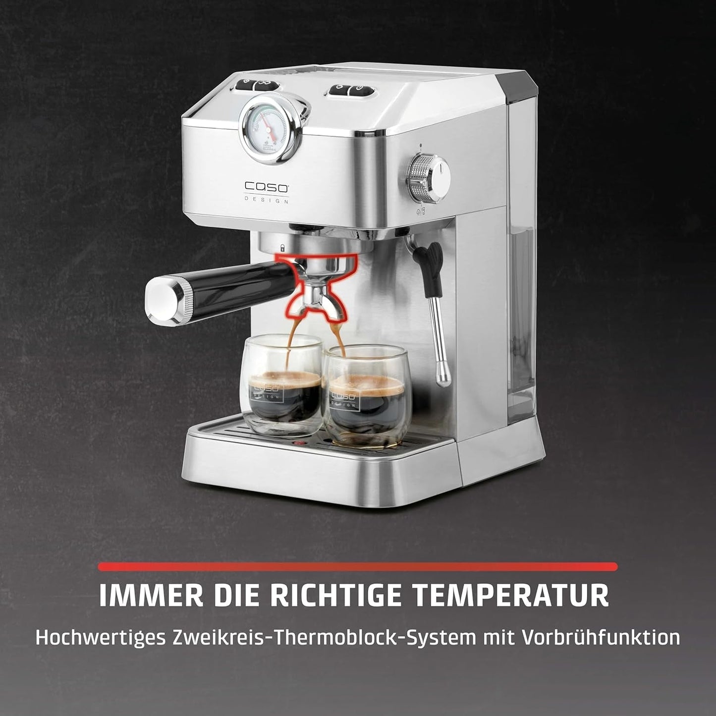 Caso Espresso Gourmet - Macchina per caffè espresso con portafiltro in acciaio inossidabile, potente pompa Ulka da 19 bar, con montalatte, per caffè macinato o capsule di caffè ESE, per 2 tazze, con scaldatazze