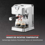 Caso Espresso Gourmet - Macchina per caffè espresso con portafiltro in acciaio inossidabile, potente pompa Ulka da 19 bar, con montalatte, per caffè macinato o capsule di caffè ESE, per 2 tazze, con scaldatazze