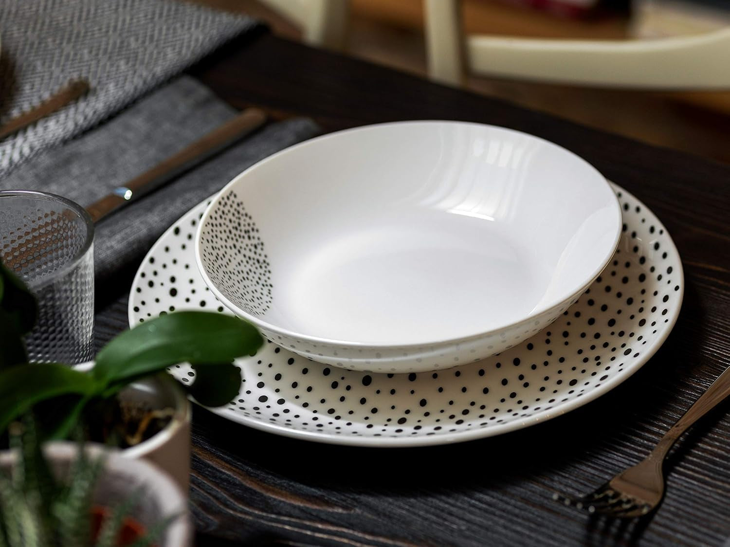 Servizio tavola grafico, 18 pezzi per 6 persone, porcellana, bianco